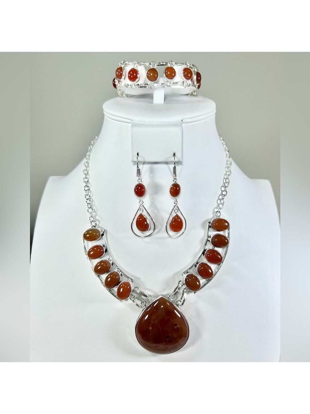 Carnelian 925 Large Gemstone Necklace Bracelet Earrings set